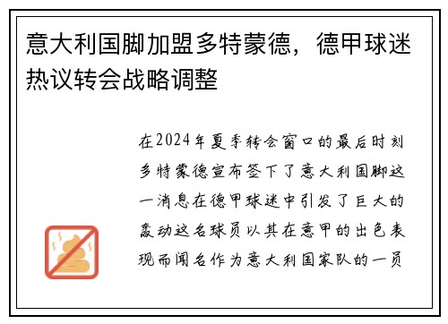 意大利国脚加盟多特蒙德，德甲球迷热议转会战略调整